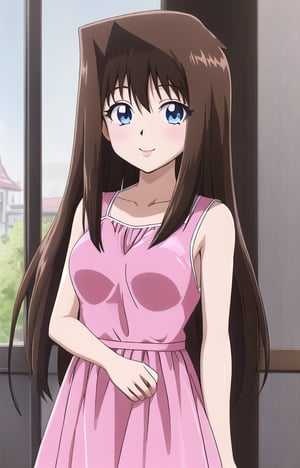 anzu mazaki, hair brown,  blue eyes , long hair, long hair , long hair , pink dress , pink dress, smile