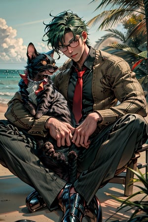 very detailed, high quality, beautiful, masterpiece, (medium short shot), alone, Tom from "Tom&Jerry", sitting, a cat, with black glasses, green hair like Broly from DBS, open eyes, blue fur, (it is a humanoid cat), muscular, with red tie, on the beach, detailed background, Germany Male, tom by TOM&JERRY.,round animal,Cats