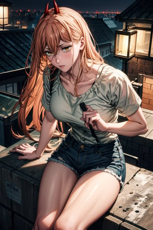 girl, blonde hair, beautiful, detailed background, (medium short shot), short white shirt, shorts, no shoes, long hair, yellow eyes, alone, on top of a building,red horns, at night,highly detailed.,Power/Chainsaw,muscle mommy,Red horns,ghostrider,Futuristic room,makima (chainsaw man),power_chainsawman,power_csm