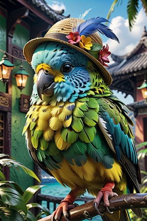 a budgie wearing a Vueltiao hat, beautiful, realistic, detailed background, (Short medium shot), green plumage