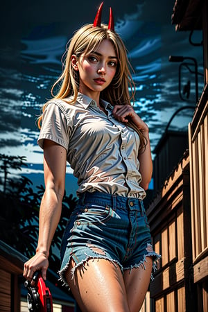 girl, blonde hair, beautiful, detailed background, (medium short shot), short white shirt, shorts, no shoes, long hair, yellow eyes, alone, on top of a building,red horns, at night,highly detailed.,Power/Chainsaw,muscle mommy