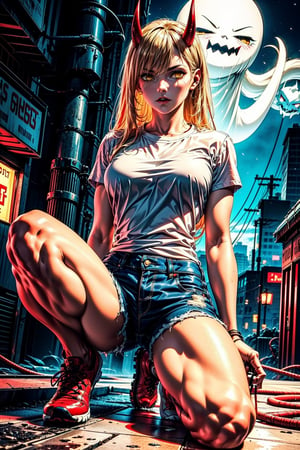 girl, blonde hair, beautiful, detailed background, (medium short shot), short white shirt, shorts, no shoes, long hair, yellow eyes, alone, on top of a building,red horns, at night,highly detailed.,Power/Chainsaw,muscle mommy,Red horns,ghostrider,Futuristic room