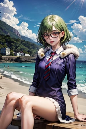 highly detailed, high quality, beautiful masterpiece, (medium short shot), alone, Tom from "Tom&Jerry", sitting, man, with glasses, green hair, open eyes, blue fur, is one humanoid cat, in shape, with red tie, in the beach, detailed background,cyborg,cool,GAME_Lilith_diablo4_ownwaifu,Blueking ,Germany Male