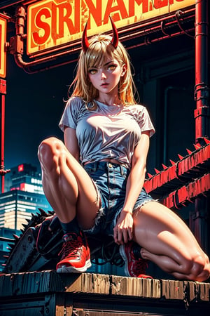 girl, blonde hair, beautiful, detailed background, (medium short shot), short white shirt, shorts, no shoes, long hair, yellow eyes, alone, on top of a building,red horns, at night,highly detailed.,Power/Chainsaw,muscle mommy,Red horns,ghostrider,Futuristic room