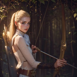 blonde girl named 493 wearing white clothes,(masterpiece, top quality, best quality, official art, beautiful and aesthetic:1.2), (1girl:1.4), extreme detailed, bow and arrow, (medieval manuscript style), forrest fantasy background