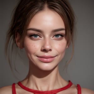 beautiful attractive woman, perfect eyes, portrait, profile, smile, long brown messy hair, parted lips, (freckles:0.8), (blue eyes:1.4), aesthetic jawline, sharp chin, fair skin, birthmarks, visible ears, wearing red dress, soft cinematic lighting, grey background, (best quality, 4K, 8K, high-resolution, masterpiece), ultra-detailed, best detailed, details, skin detailed, photorealism, photorealistic, intricate, elegant, highly detailed, insane details, intricate details, hyper detailed, photogenic_LDG