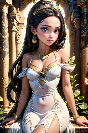 A majestic Egyptian goddess sits regally on her golden throne, her somber expression a testament to her divine authority. Her long black ponytail cascades over her shoulder like a dark waterfall, while her revealing white dress glimmers with an otherworldly luminescence. The palace's ornate columns and intricate hieroglyphics provide a rich backdrop, as if the very walls are alive with ancient secrets. In a close-up shot, every detail is rendered in photorealistic perfection: the soft sheen of her skin, the delicate sparkle of her eyes, the intricate patterns on her dress. The air around her seems to shimmer with an ethereal light, as if the goddess herself has imbued the scene with a touch of bioluminescence. This masterpiece is a true work of art, a testament to the power of photorealistic mastery.,more detail XL,disney pixar style,BugCraft