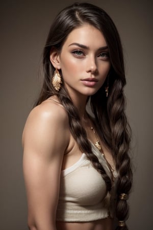 4k,best quality,masterpiece,20yo 1girl,(traditional Cherokee Indian costume, alluring smile, head ornaments 

(Beautiful and detailed eyes),
Detailed face, detailed eyes, double eyelids ,thin face, real hands, muscular fit body, semi visible abs, ((short hair with long locks:1.2)), black hair, black background,


real person, color splash style photo,photogenic_LDG