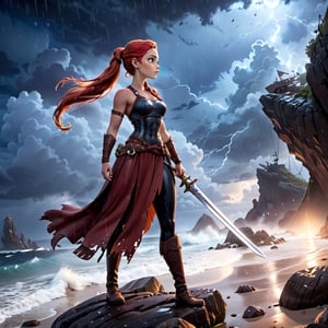 beautiful Nordic female standing at the beach of the sea, wielding a greatsword, she looks Serious, redish long hair(red braided ponytail), wearing viking brown leather outfit,nighttime, (((looking away)))
rocks everywhere,shipwrecked,surronded by volumetric clouds, heavy rain,siluette lights,(((bioluminescence :1))),masterpiece,disney pixar style,more detail XL