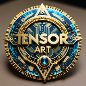 badge(fron view), made out of a computers motherboard that has a very detailed sculpted text "Tensor_Art" text, there is a golden anniversary ribbon in front of the badge, radiating intense bioluminescent intensity, masterpiece , ortographic view, showcasing intricate details and patterns that shift and shimmer like 3D graphics,BugCraft