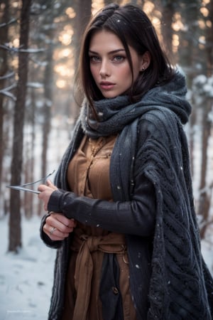 (epic movimiento, small ears, 1 Woman rostro beautiful like Yennifer, beautiful face eropean angelical face,  of a woman with blackhair long, white skin, blue eyes biger. Cold colors, cold lighting)
Dressed a outfit blacK
In forest winter.  (Sword in hand),photogenic_LDG