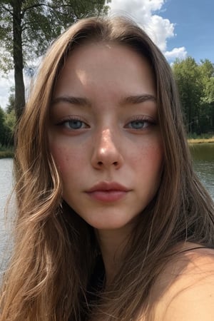 Best work, attractive 20 years old girl in long black dress at the lakeside in a forest named Lauren_v1 in white clothes, looking at viewer, baby blue eyes(0.5), huge black pupils, eyelashes, eyebags, long honey blonde hair, sharp nose, aesthetic jawline, parted lips, pond, dark sky, lights in the background, realism, red sky, detailed sky, realistic clouds, sun, bright environment, late afternoon, sun rays in the clouds, highly detailed, high quality, hyperrealism, 4k, intricate details, detailed skin, photogenic