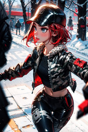 1girl, hollystriker, short hair, red hair, blue eyes, black and gray camouflage baseball cap, black and gray camouflage jacket, black and gray camouflage pants, fingerless gloves, black and gray camouflage cropped jacket, black crop top, black and gray camouflage leggings, black and gray camouflage shirt, leather jacket, fur-trimmed jacket, fortnite, forest, running, black and gray clothes,