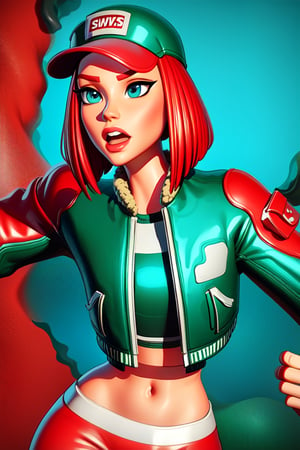 1girl, hollystriker, short hair, red hair, blue eyes, baseball cap, jacket, pants, fingerless gloves, cropped jacket, crop top, leather, leather jacket, fur-trimmed jacket, red and green clothes,SAM YANG