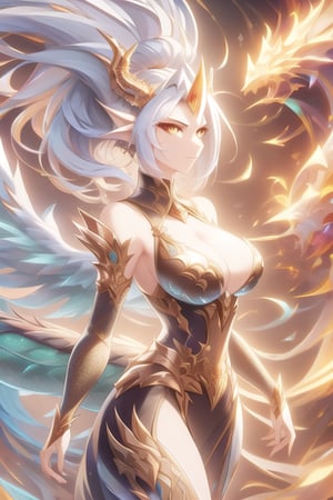 masterpiece, hyper detailed, sharp focus, perfect composition,
Wild mature female anthropomorphic dragon, covered in scales, dragon scales, holy themed, angelic dragon, angelic wings, dragon tail, wearing extremely fancy armor, only singular horn from the middle of her forehead, fierce, serious,  wild hair
,holymagic