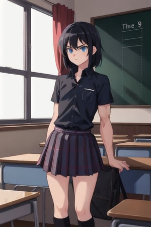 masterpiece, hyper detailed, sharp focus, perfect composition, SFW short 15 year old Highschooler, lean muscular build, square shoulder, female muscle, shoulder length black hair, blue eyes. grumpy, button up black shirt, plaid skirt, combat boots, small chest size, in a school room, Score_9: