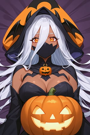 front view,(score 9, score 8 up, score_7_up, source anime, (masterpiece), best quality, expressive eyes, perfect face, (masterpiece), 
Dark bronze skin tone, sheet over her head, eye and mouth cutouts, orange eyes, short stark white hair,
ghostgirl,1girl,solo,halloween,halloween costume,ghost costume,long costume