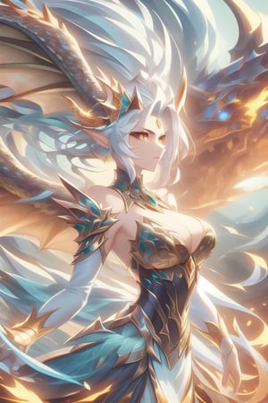 masterpiece, hyper detailed, sharp focus, perfect composition,
Wild mature female anthropomorphic dragon, covered in scales, dragon scales, holy themed, angelic dragon, angelic wings, dragon tail, wearing extremely fancy armor, only singular horn from the middle of her forehead, fierce, serious,  wild hair
,holymagic