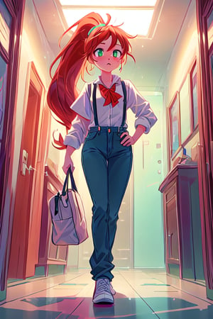 masterpiece, 4k, best quality, perfect composition, sharp focus, hyper detailed, perfect face, 
A highschool woman, long red orange hair with ponytail, cyan green eyes, lightly freckled face, suspenders, denim_pants, colorful shirt, walking down a highschool hallway, tall