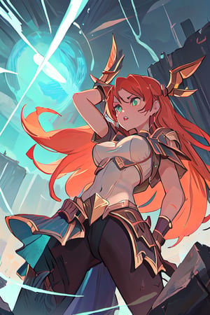 masterpiece, 4k, best quality, perfect composition, sharp focus, hyper detailed, perfect face, a Greek woman warrior, Scion of Zeus, warrior of lightning, fierce and unyielding, long red orange hair. cyan green eyes, roaring tempest in the background, thigh up image