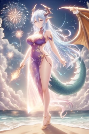 front view, (score 9, score 8 up, score_7_up, source anime,) sfw, {{ 1girl}},on the beach at night, standing on the beach, fireworks, in a fancy dress, woman with dragon features, singular dragon horn from middle of forehead, dragon tails, some dragon scales, dragon wings (masterpiece), best quality, expressive eyes, perfect face, holymagic