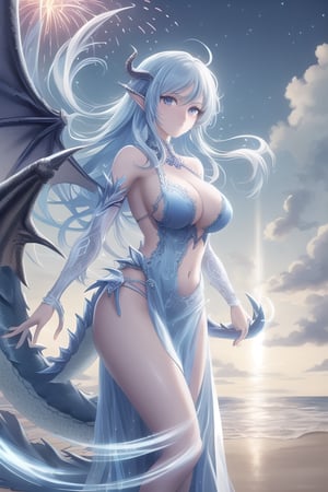 front view, (score 9, score 8 up, score_7_up, source anime,) sfw, {{ 1girl}},on the beach at night, standing on the beach, fireworks, in a fancy dress, woman with dragon features, singular dragon horn from middle of forehead, dragon tails, some dragon scales, dragon wings (masterpiece), best quality, expressive eyes, perfect face, tempestmagic