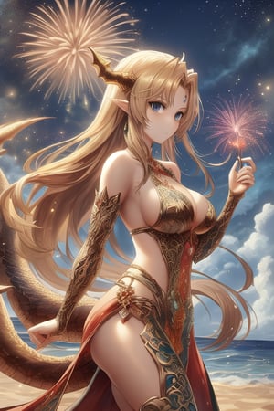 front view, (score 9, score 8 up, score_7_up, source anime,) sfw, {{ 1girl}},on the beach at night, standing on the beach, fireworks, in a fancy dress, woman with dragon features, singular dragon horn from middle of forehead, dragon tails, some dragon scales, dragon wings (masterpiece), best quality, expressive eyes, perfect face, midasmagic