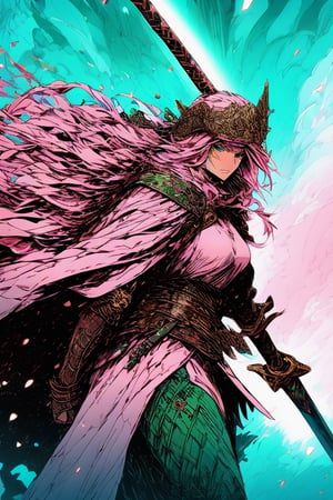 A woman dressed as a fierce Norse warrior, hand axes, helmet, fur cloak, long braided light pink hair, green eyes, pointed ears, fierce, battle ready
