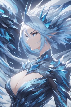 masterpiece, hyper detailed, sharp focus, perfect composition,
Wild mature female anthropomorphic dragon, covered in scales,  blue dragon scales, lightning themed, blue electric dragon, wearing extremely fancy armor, only singular horn from the middle of her forehead, fierce, serious,  short wild white hair
