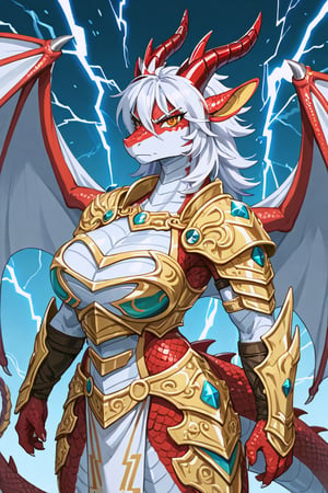 (score 9, score 8 up, score_7_up), {Masterpiece, Hyper detailed, perfect composition, sharp focus}, Wild mature female anthropomorphic dragon, covered in scales, scales, lightning themed, electric dragon, wearing extremely fancy armor, dragon horns, dragon wings, fierce, serious, short wild white hair
