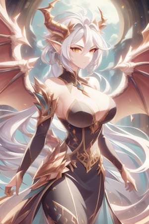 masterpiece, hyper detailed, sharp focus, perfect composition,
Wild mature female anthropomorphic dragon, covered in scales, dragon scales, holy themed, angelic dragon, angelic wings, dragon tail, wearing extremely fancy armor, only singular horn from the middle of her forehead, fierce, serious,  wild hair
,holymagic
