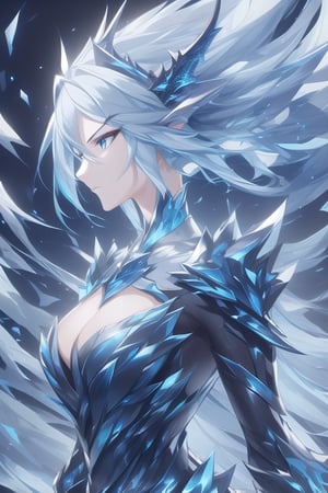 masterpiece, hyper detailed, sharp focus, perfect composition,
Wild mature female anthropomorphic dragon, covered in scales,  blue dragon scales, lightning themed, blue electric dragon, wearing extremely fancy armor, only singular horn from the middle of her forehead, fierce, serious,  short wild white hair
