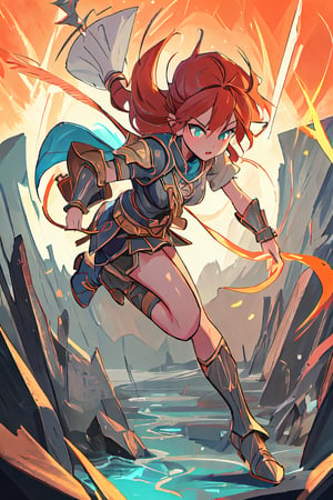 masterpiece, 4k, best quality, perfect composition, sharp focus, hyper detailed, perfect face, a Greek woman warrior, Scion of Zeus, warrior of lightning, fierce and unyielding, long red orange hair. cyan green eyes, roaring tempest in the background, Full body image