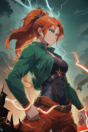 front view, (score 9, score 8 up, score_7_up, source anime, dark, serious
young vigilante woman, glowing cyan green eyes. fierce, ready to fight, lean muscular build, long red orange hair, ponytail, young hero, makeshift equipment ragtag, 

(masterpiece), best quality, expressive eyes, perfect face,lightning,red lightning