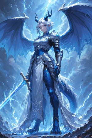 score_9, score_8_up, score_7_up, by: kanel, solo, female, dragon, (blue scales), human face, beautiful single point dragon horns, dragon horn in the middle of her head, dragon wings, center horn from forehead, thick eyelashes, serious, holding a sword, perfect eyes, white hair, wild short hair, light blue eyes, white ornate full plate armor, human face, ({dragon aestetics,digitigrade legs, dragon feet}), full body, standing, striking thunder, coursing energy, striking lightning, standing in a tempest