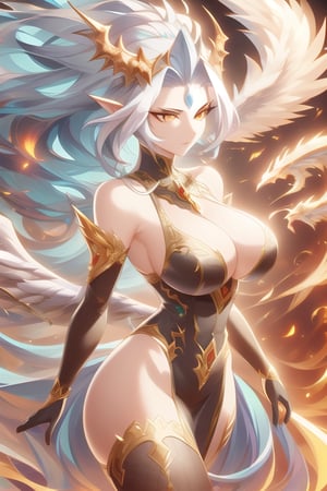 masterpiece, hyper detailed, sharp focus, perfect composition,
Wild mature female anthropomorphic dragon, covered in scales, dragon scales, holy themed, angelic dragon, {feathered wings,
}, dragon tail, wearing extremely fancy armor, only singular horn from the middle of her forehead, fierce, serious,  elegant flowing hair, medium boob size
,holymagic