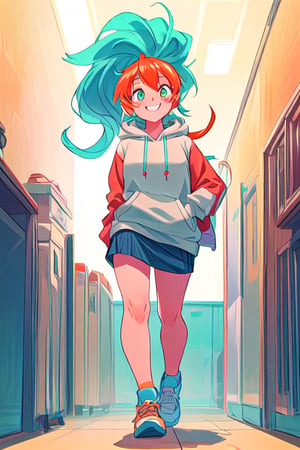 masterpiece, 4k, best quality, perfect composition, sharp focus, hyper detailed, perfect face, 
A highschool senior woman, young adult, long red orange hair with ponytail, cyan green eyes, lightly freckled face, oversized_clothes, large hoodie, smiling, walking down a highschool hallway, tall