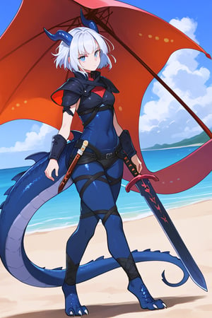 score_9, score_8_up, score_7_up, solo, source_monstsr hunter , female, dragon, (blue scales), human face, center horn from forehead, thick eyelashes, serious, holding a sword, perfect eyes, white hair, wild short hair, light blue eyes, human face, blue horns, ({dragon aestetics,digitigrade legs, dragon feet}), full body, standing, standing at a beach,anime style,source_furry, {{wielding a massive great sword resting on shoulder}}, dragon tail,silverwind nargacuga armor