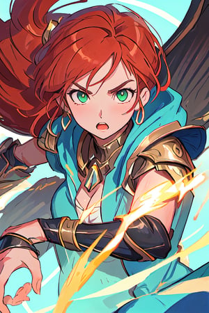 masterpiece, 4k, best quality, perfect composition, sharp focus, hyper detailed, perfect face, a Greek woman warrior, Scion of Zeus, warrior of lightning, fierce and unyielding, long red orange hair. cyan green eyes, roaring tempest in the background