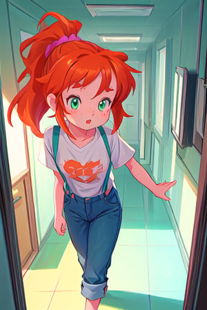 masterpiece, source Scooby doo, 4k, best quality, perfect composition, sharp focus, hyper detailed, perfect face, 
A highschool senior woman, young adult, long red orange hair with ponytail, cyan green eyes, lightly freckled face, suspenders, denim_pants, colorful shirt, walking down a highschool hallway, tall, looking for a mystery