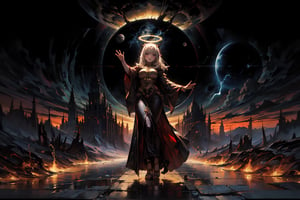 (a woman with a perfect halo of gold hair and lightning, painted in flames, a silver forked sky, standing against the planet's last dance) Art-Deco-inspired landscape, ((mesmerizing)) shell at her feet, dynamic composition, rule of thirds, ((twilight)) ambiance, (ultra-detailed),, best quality, high resolution, atmospheric, ((sublime)),, painterly,nodf_lora
