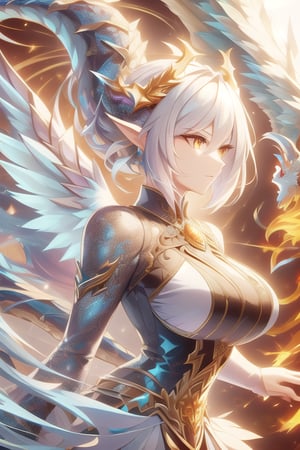 masterpiece, hyper detailed, sharp focus, perfect composition,
Wild mature female anthropomorphic dragon, covered in scales, dragon scales, holy themed, angelic dragon, {feathered wings,
}, dragon tail, wearing extremely fancy ornate dress, ornate dragon horns, fierce, serious,  elegant flowing hair, medium boob size
,holymagic