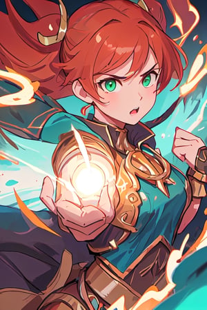 masterpiece, 4k, best quality, perfect composition, sharp focus, hyper detailed, perfect face, a Greek woman warrior, Scion of Zeus, warrior of lightning, fierce and unyielding, long red orange hair. cyan green eyes, roaring tempest in the background