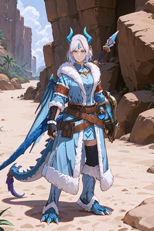 score_9, score_8_up, score_7_up, solo, source_monstsr hunter , female, dragon, (blue scales), human face,dragon wings, center horn from forehead, thick eyelashes, serious, holding a sword, perfect eyes, white hair, wild short hair, light blue eyes, light leather armor, human face, blue horns, ({dragon aestetics,digitigrade legs, dragon feet}), full body, standing, striking thunder, coursing energy, striking lightning, standing at a beach,anime style,source_furry, {{wielding a massive great sword resting on shoulder}}, dragon tail,