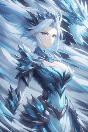 Wild mature female anthropomorphic dragon, covered in scales,  blue dragon scales, lightning themed, blue electric dragon, wearing extremely fancy armor, only singular horn from the middle of her forehead, fierce, serious,  short wild white hair
