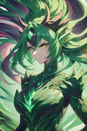 masterpiece, hyper detailed, sharp focus, perfect composition,
Wild mature female anthropomorphic dragon, covered in scales, dragon scales, acid themed, acid dragon, wearing extremely fancy armor, only singular horn from the middle of her forehead, fierce, serious,  wild hair
,AcidMagic