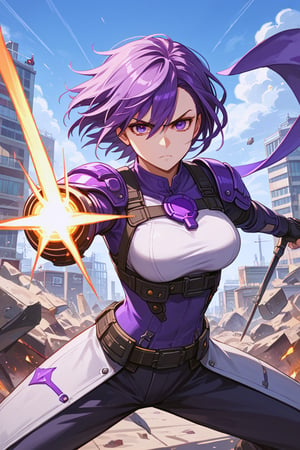 front view, (score 9, score 8 up, score_7_up, source anime, solo_female, vigilante, makeshift gear, serious, urban fantasy, short purple hair, purple eyes, large chest size, action pose, ready to fight,(masterpiece), best quality, expressive eyes, perfect face, (masterpiece), 