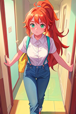 masterpiece, 4k, best quality, perfect composition, sharp focus, hyper detailed, perfect face, 
A highschool senior woman, young adult, long red orange hair with ponytail, cyan green eyes, lightly freckled face, suspenders, denim_pants, colorful shirt, walking down a highschool hallway, tall