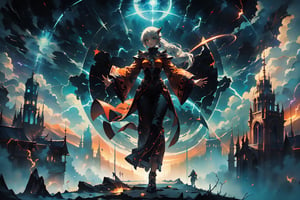 (a woman with a cyan green eyes, long red orange hair in a ponytail,  lightning halo, painted in flames, a silver forked sky, standing against the planet's last dance, hovering in the air, arms outstretched) Art-Deco-inspired landscape, ((mesmerizing)) shell at her feet, dynamic composition, rule of thirds, ((twilight)) ambiance, (ultra-detailed),, best quality, high resolution, atmospheric, ((sublime)),, painterly,nodf_lora, thundermagic