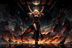 (a woman with a perfect halo of gold hair and lightning, painted in flames, a silver forked sky, standing against the planet's last dance, hovering in the air, arms outstretched) Art-Deco-inspired landscape, ((mesmerizing)) shell at her feet, dynamic composition, rule of thirds, ((twilight)) ambiance, (ultra-detailed),, best quality, high resolution, atmospheric, ((sublime)),, painterly,nodf_lora